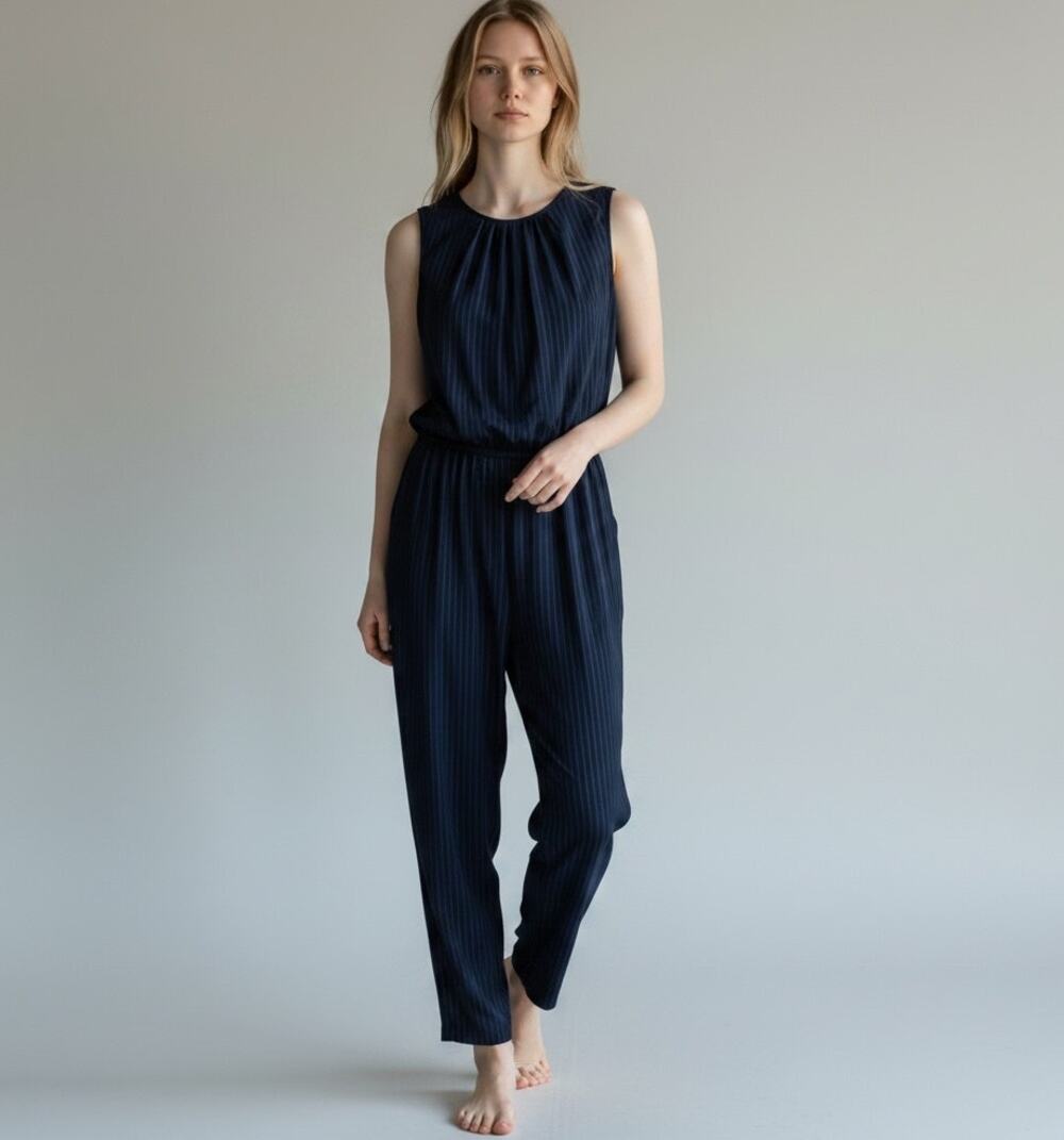 Anatomie Made In Italy Navy Pinstripe Sleeveless Travel Jumpsuit Women's Small